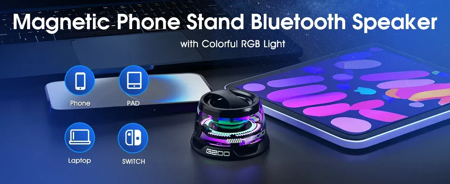Opansten Enceinte magnétique portable Bluetooth G200 RGB avec éclairage BT5.3, mini enceinte, autonomie de 7 heures, support pour téléphone_voghion.com