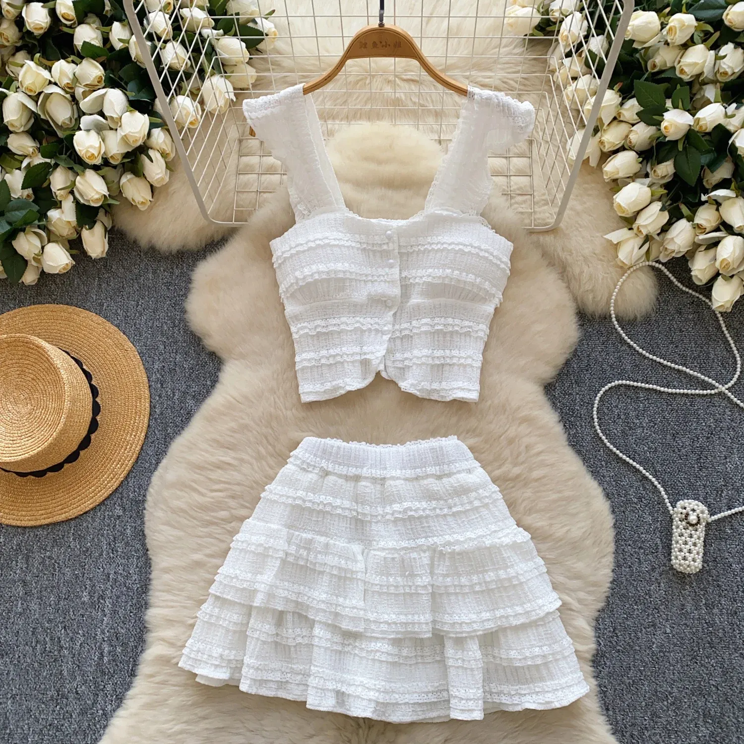 Two Piece Dress Set Women Strapless Floral Top and High Waist Mini Skirt  with Zipper Closure