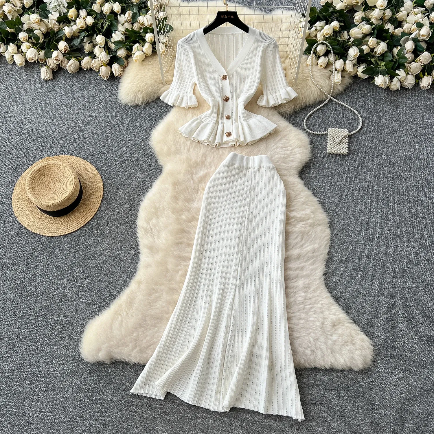 elegant two piece dress set Two-Piece Long Knit Dress with Sheer Overlay- 5165