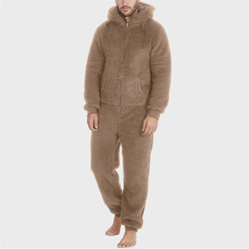 Grenouillère Homme Pyjama Combinaison à Capuche Zippée Imprimé Camouflage - Jumpsuit Polaire Hiver Chaud Onesie Une Pièce Confortable