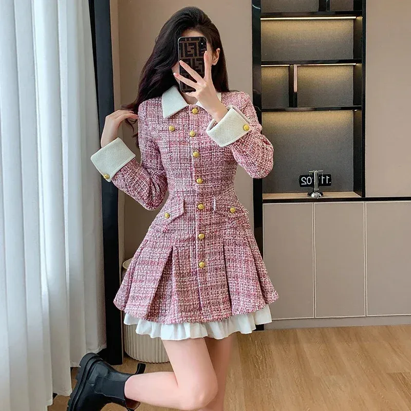 Pink Tweed Mini Dress with Gold Buttons & Contrasting Cuffs  Slim Fit for  Womens Social & Autumn Wear