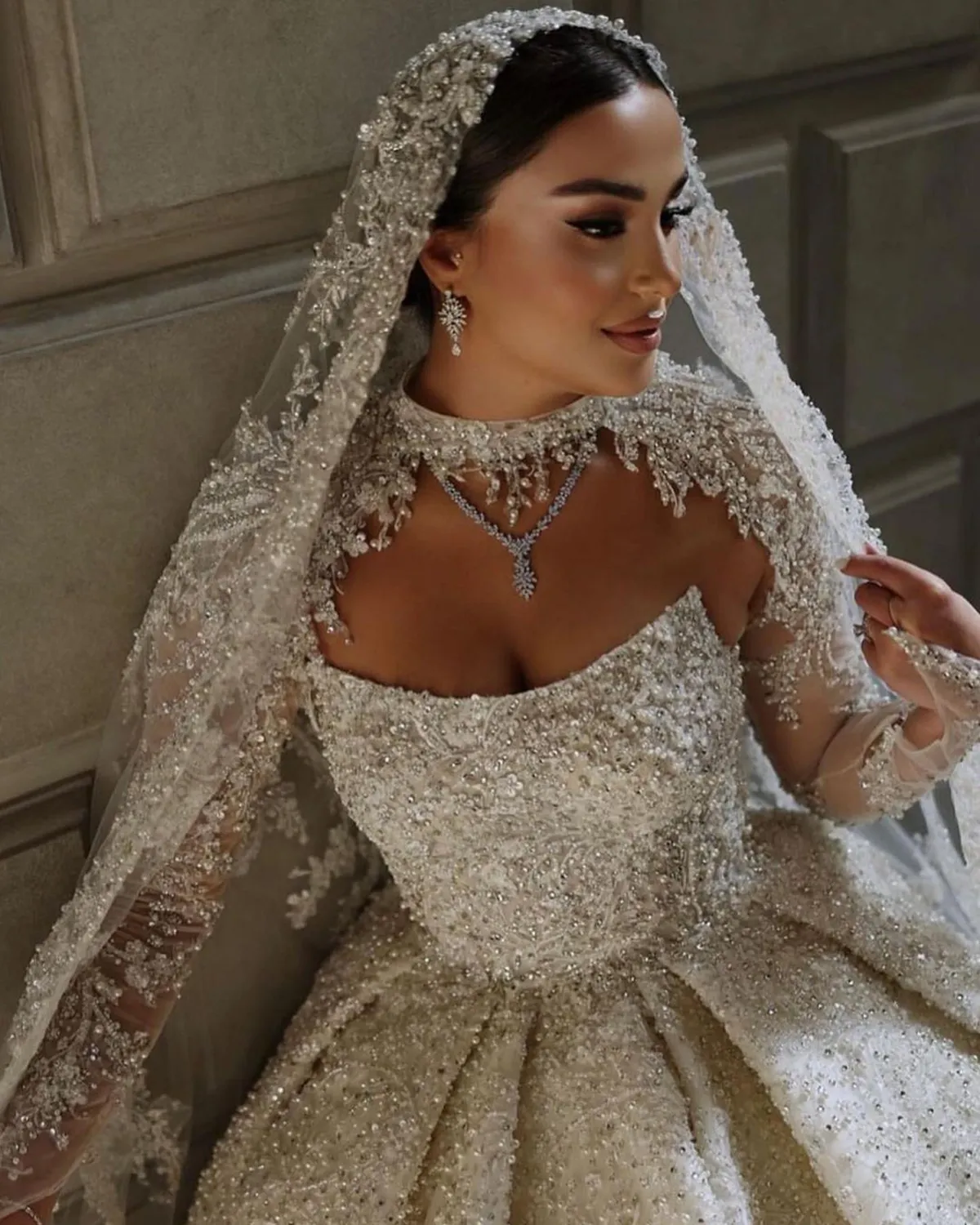fitted lace wedding dress NumberSea Luxury Crystal Beads Boho Wedding Dress, Ivory / 16W main image 1