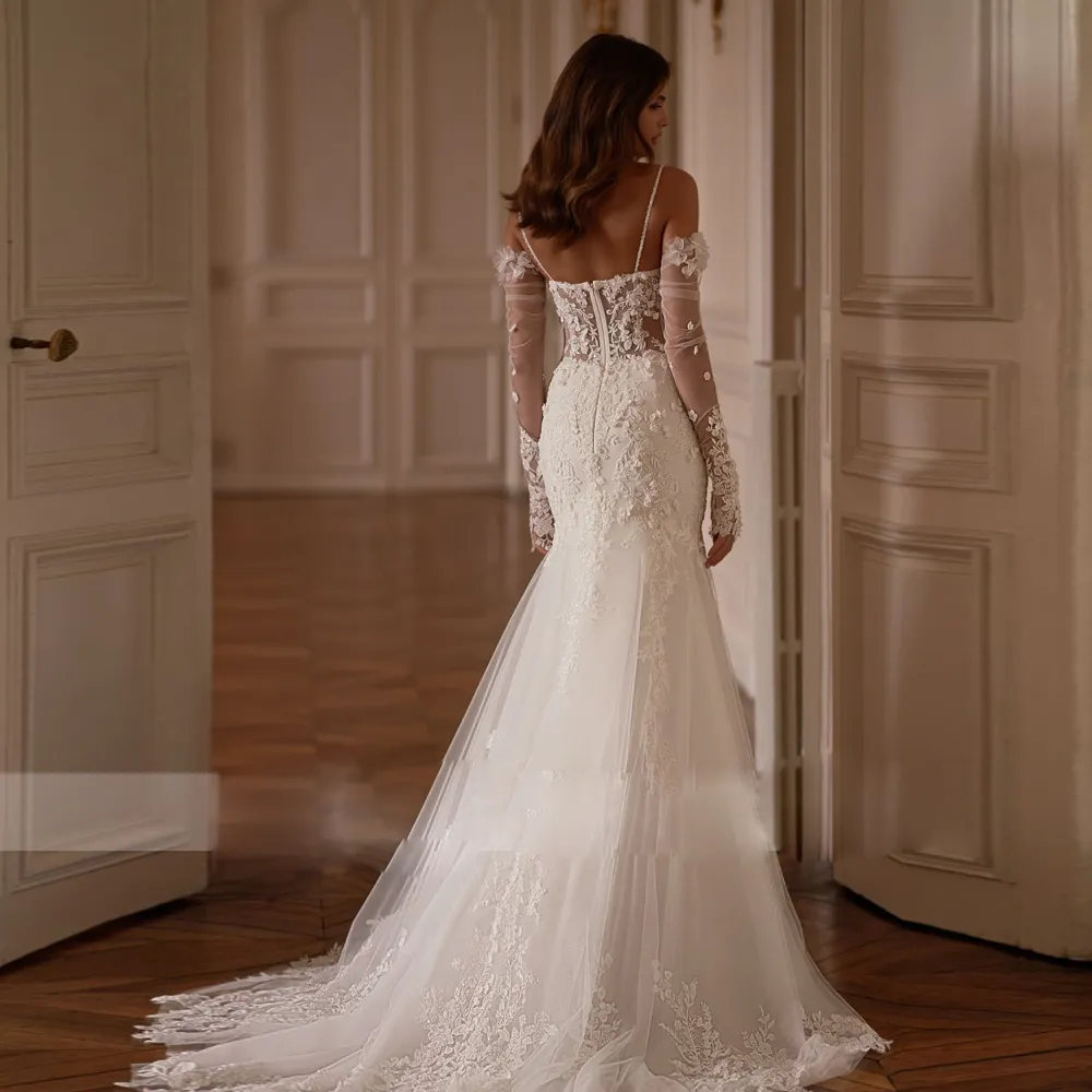 lace fish tail wedding dress Backless Wedding Dresses Lace Mermaid Modern Spaghetti Straps Bride Dress