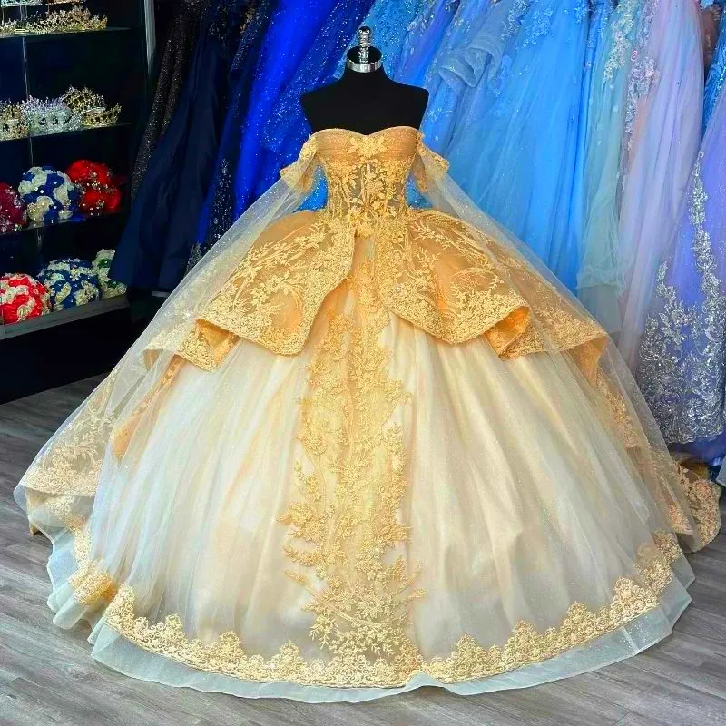 classic gold quinceanera dresses Champagne Princess Quinceanera gold wedding dress with Off-Shoulder Sequin Applique, Pearls, and Lace-Up