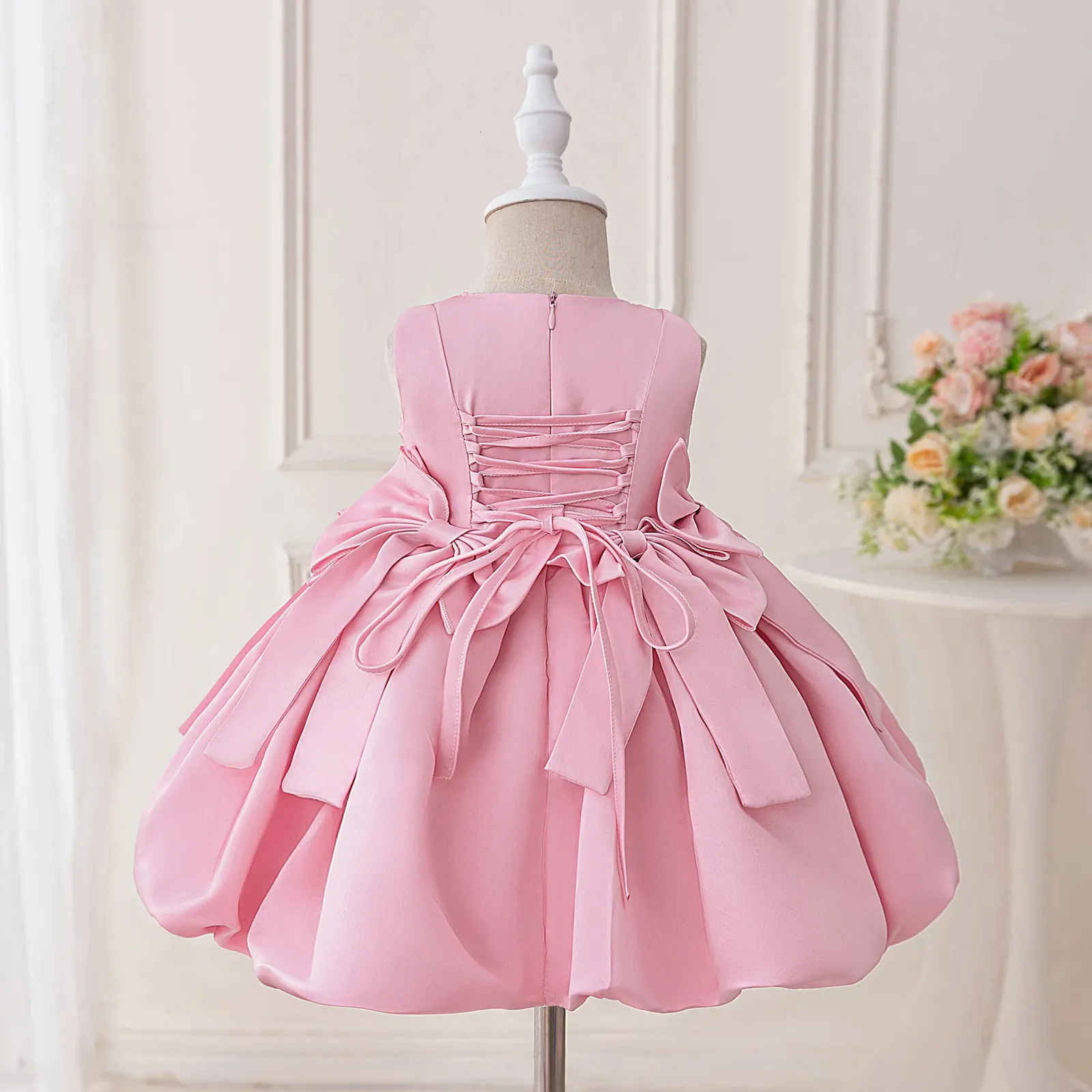 blue dress for baby girl Pink Satin & Tulle Princess Flower Girl Dress with Bow – Short Sleeve | Pink / 5-6 Years (130cm)