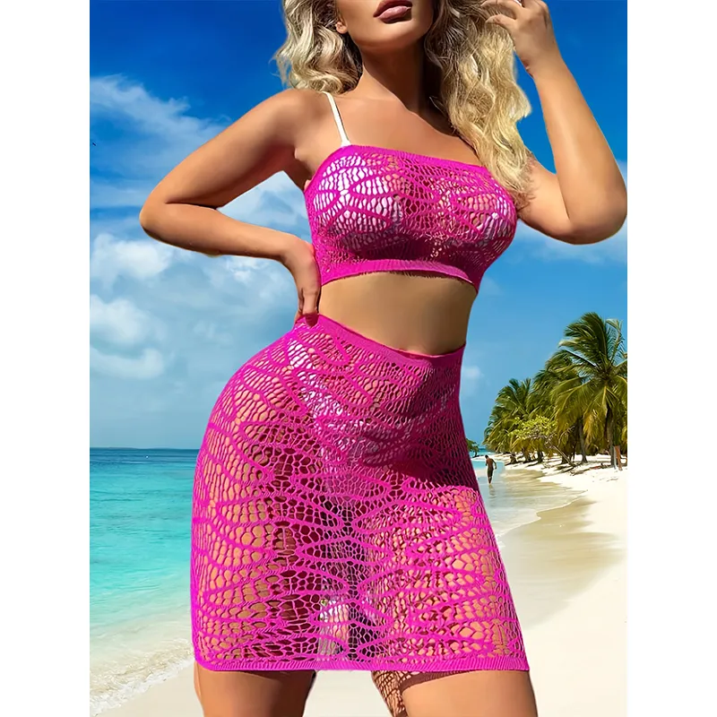 New sexy set of upper and lower two-piece skeleton see-through sleeveless bustier-style package hip beach outer shirt