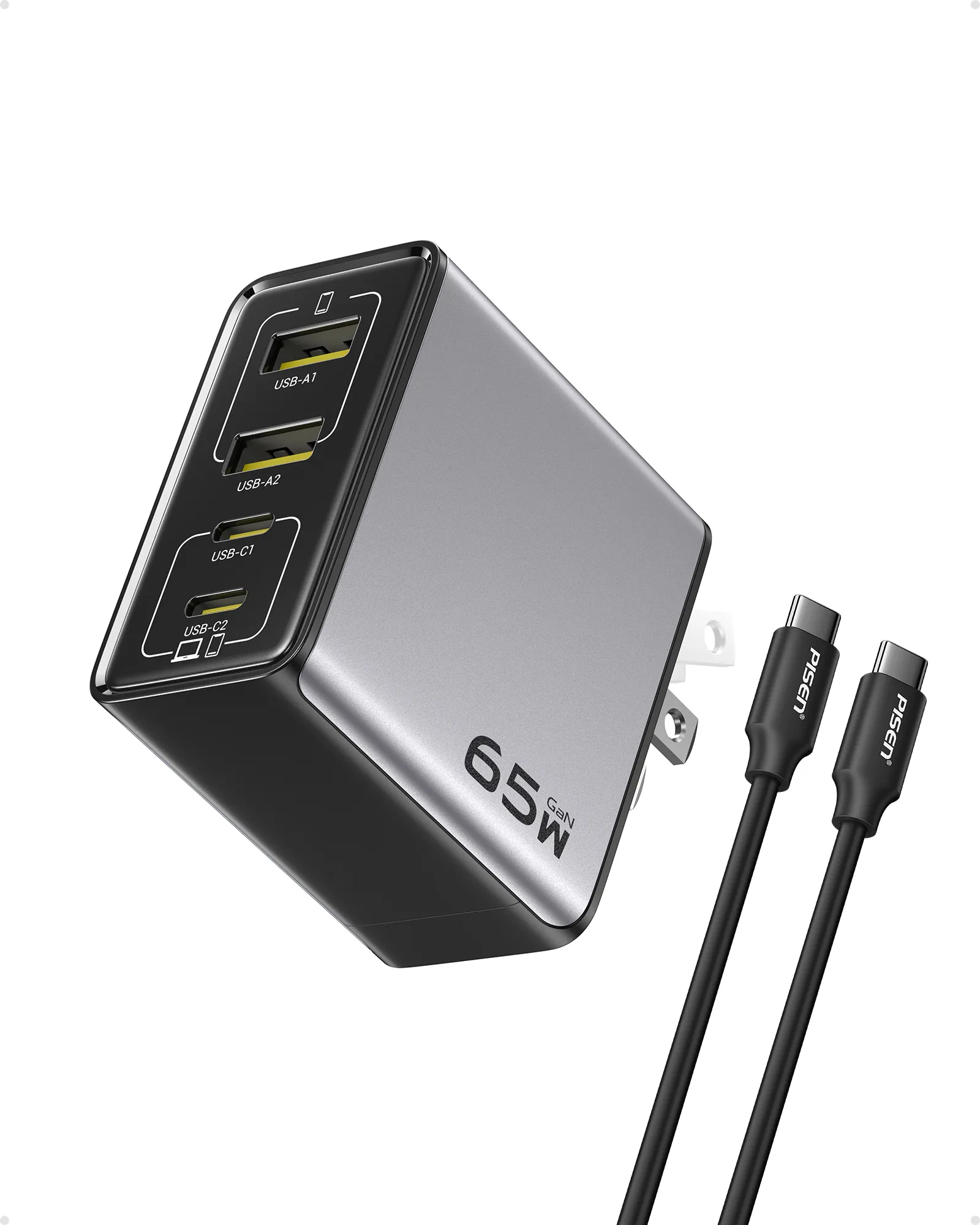 Caricatore USB C GaN 65W 3 Porte - PD 3.0, Con Cavo USB-C Incluso, Compatibile Con MacBook, IPhone, IPad, Galaxy
