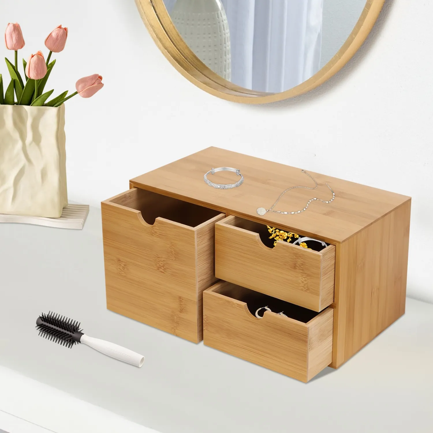 Desktop Drawers Bamboo Desk Organizer with Double Tiers and Recessed ...