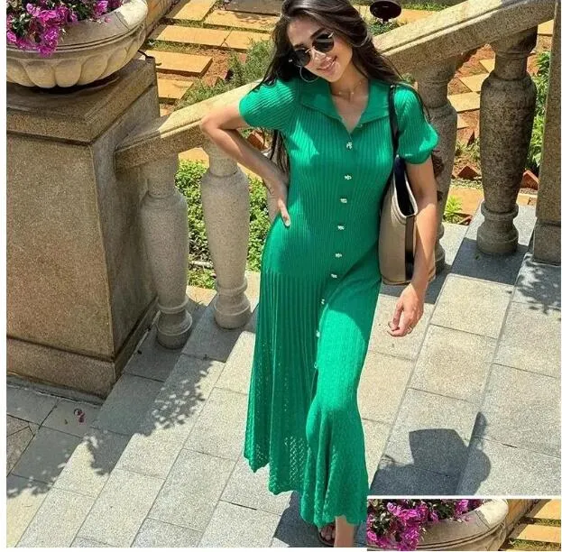 sandro knit maxi dress green SANDRO Ruffled Knit Maxi Dress | Green