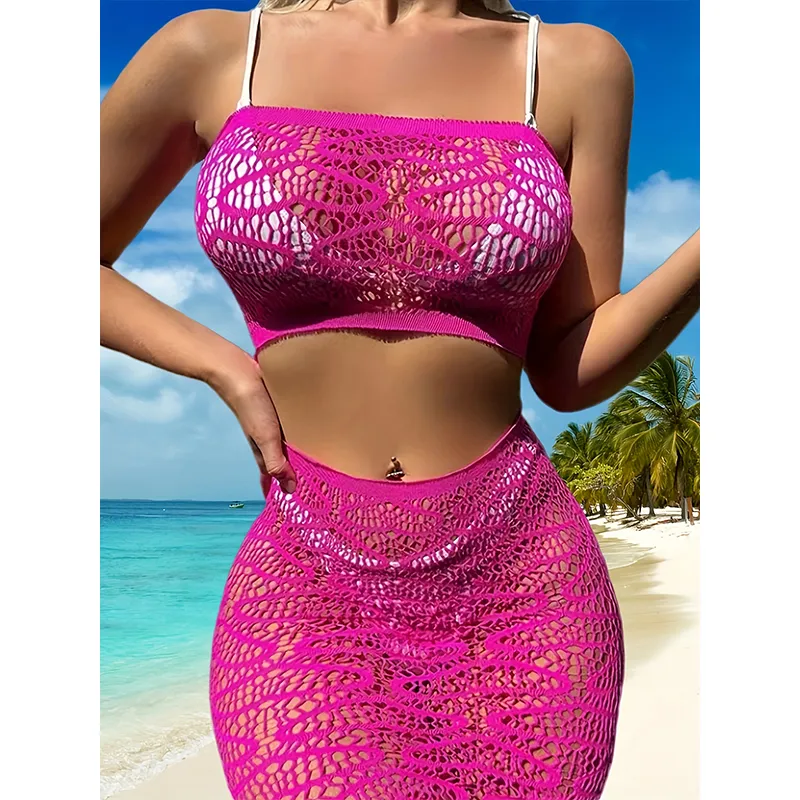 New sexy set of upper and lower two-piece skeleton see-through sleeveless bustier-style package hip beach outer shirt