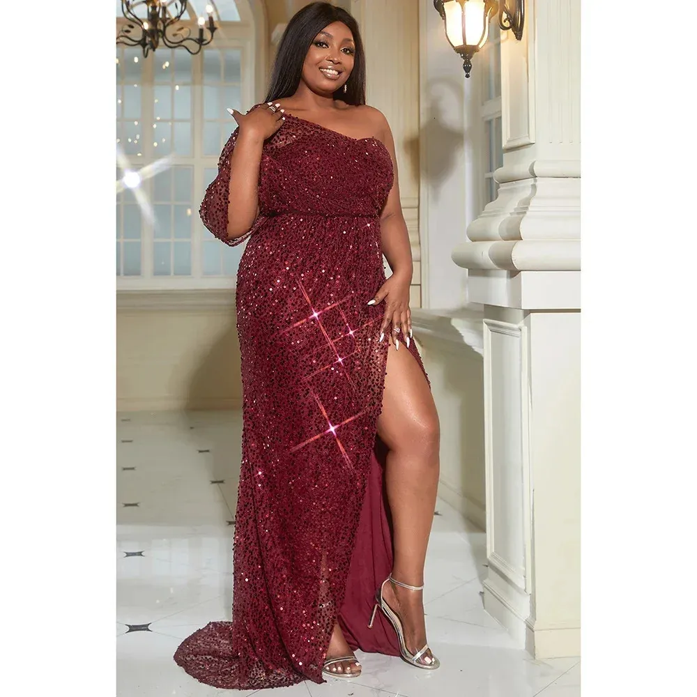 plus size burgundy sequin dress Plus Size Burgundy Sequin One Shoulder Maxi Dress ... From Shewang07,  $54.82