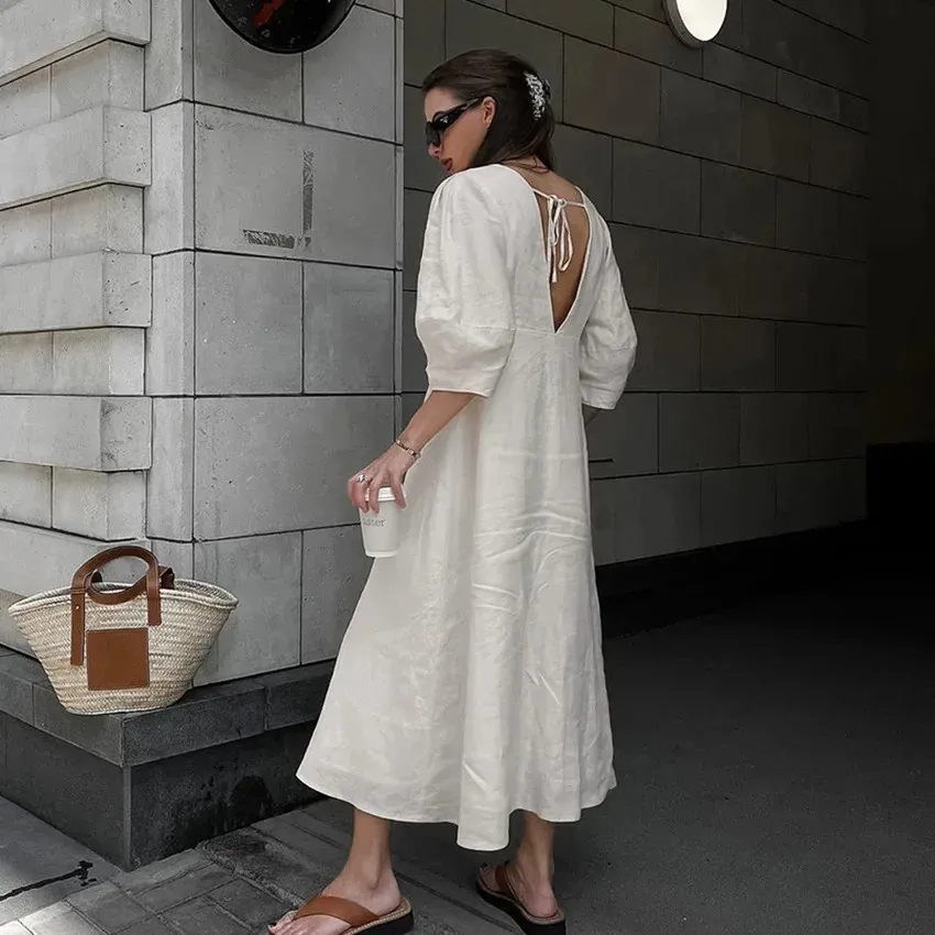 Sexy Retro Cotton Linen Maxi White boho dress with V-Neck and Puff Sleeves for Women's Summer, Birthday, Graduation, Beach and Robe Femmes - Style