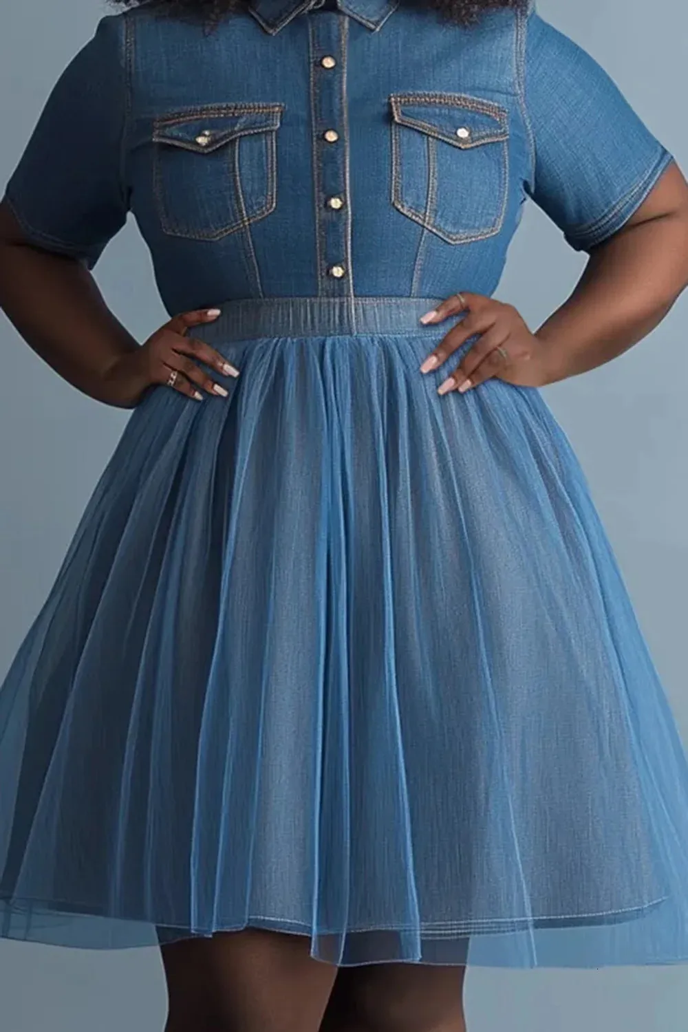 knee length dresses for ladies Full Size Color Block Denim Patchwork Mini Dress Plus Size – Blue Zone  Planet main image 0