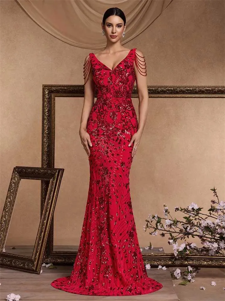 Elegant Deep V Neck Red Sequin Formal Evening Dresses Women 2024