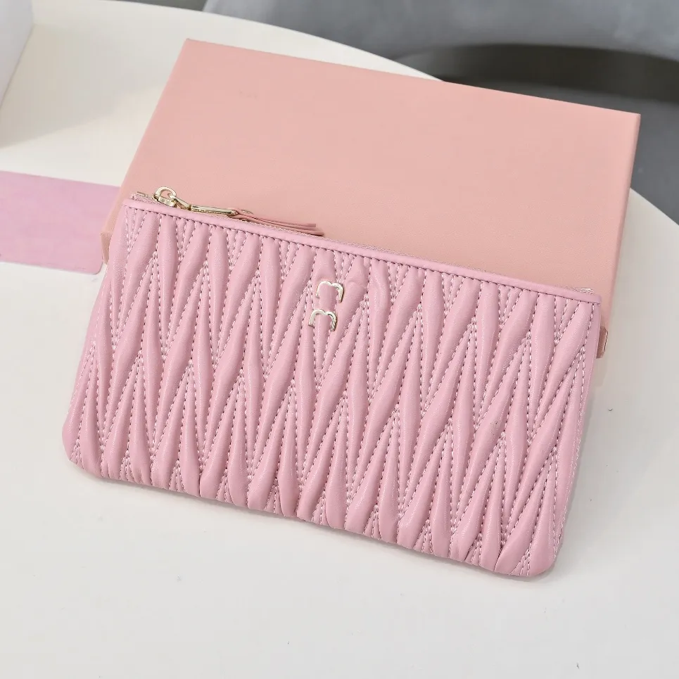✓ DHgate 추천 카드 홀더와 키체인이 있는 핑크 양가죽 동전 지갑 지갑, 주름 디자인 바로 구매