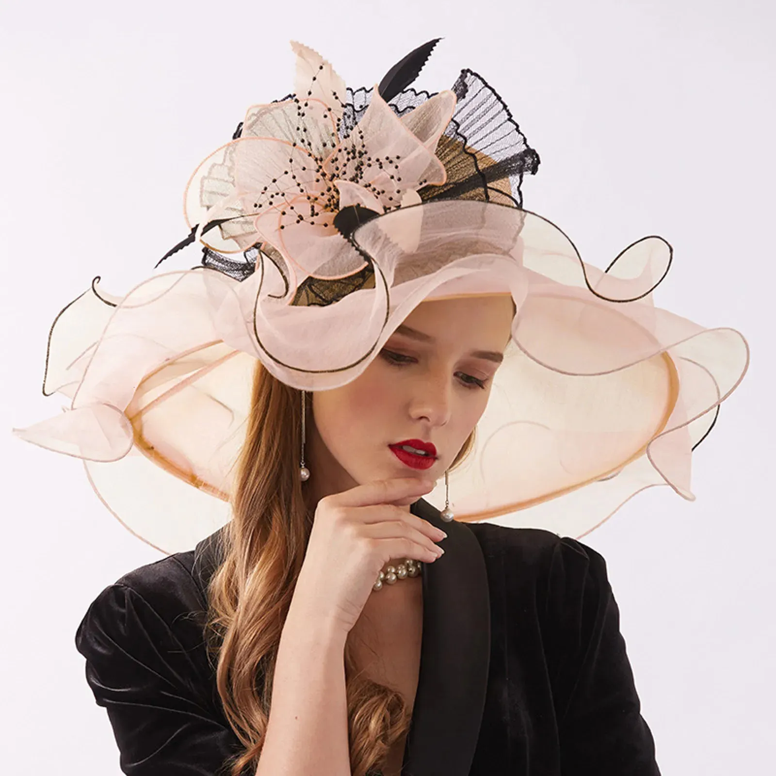 Elegant Floral Organza Sun Hat With Flowers For Women 