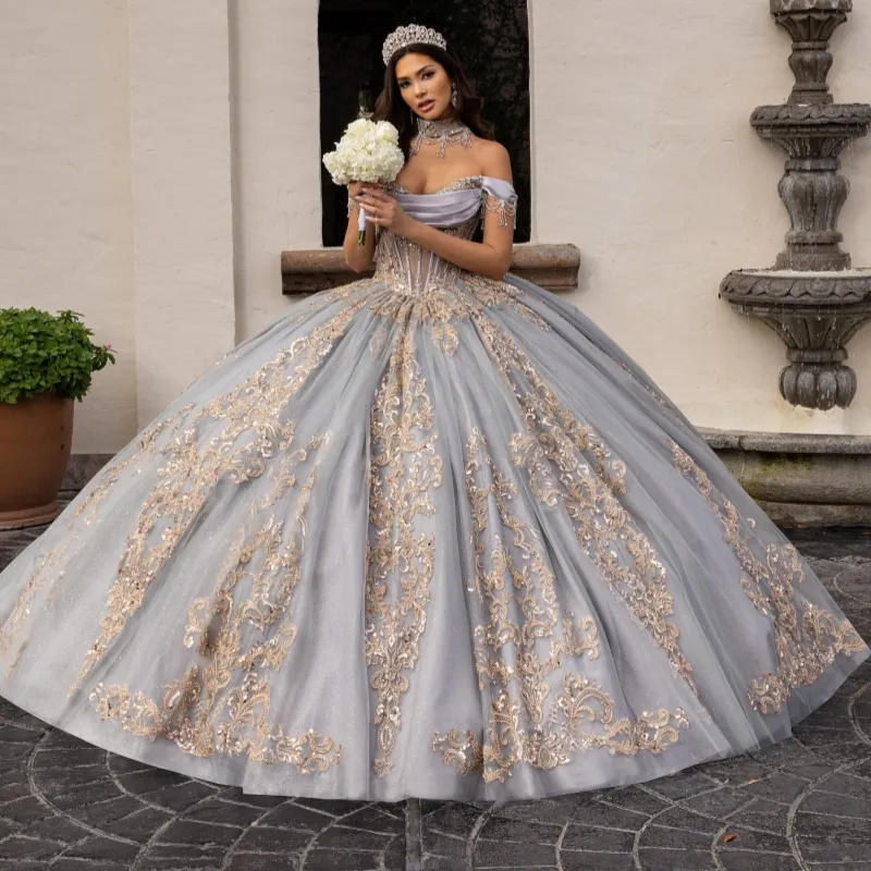 lace and beads grey dress Off Shoulder Quinceanera with Decal Sheer Ball Gown Winter Styles The Attico Lace And Size:Size N1 This dress features an