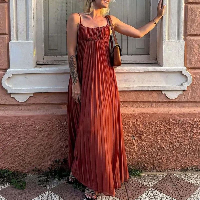 Casual Summer Sleeveless Pleated Long Dress Solid Color Loose Fit High  Waist Off Shoulder Sling Dress For Holiday And Everyday Wear From  Xianstore02, $43.95 In Bulk | DHgate.Com
