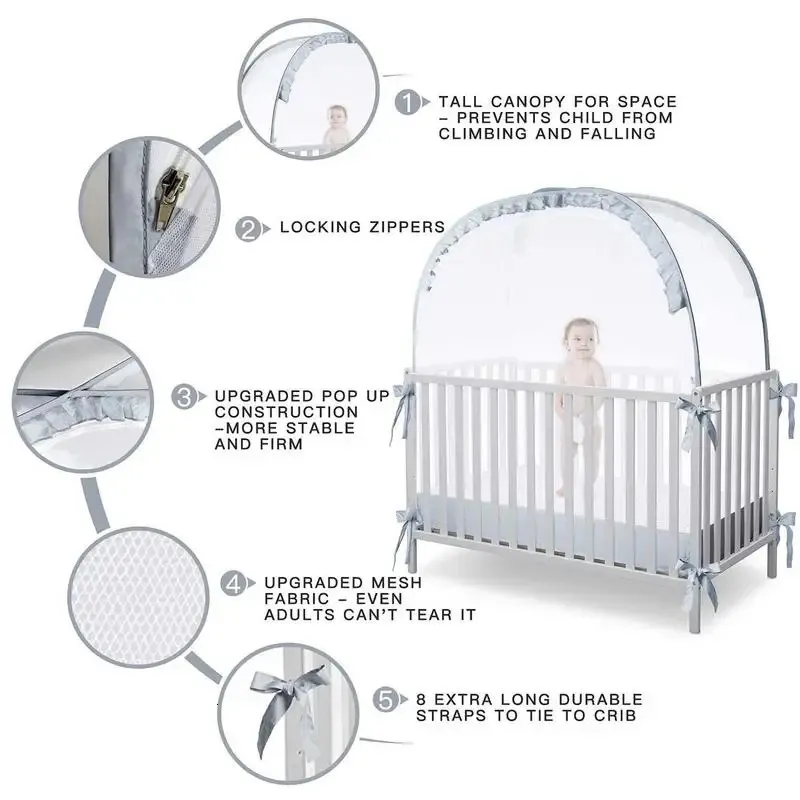 Rete Di Sicurezza Per Culla – Copertura Traspirante In Maglia Fine, Anti-salita, Con Cerniera, Per Lettini 70x130x140 Cm, Bianco/grigio/rosa