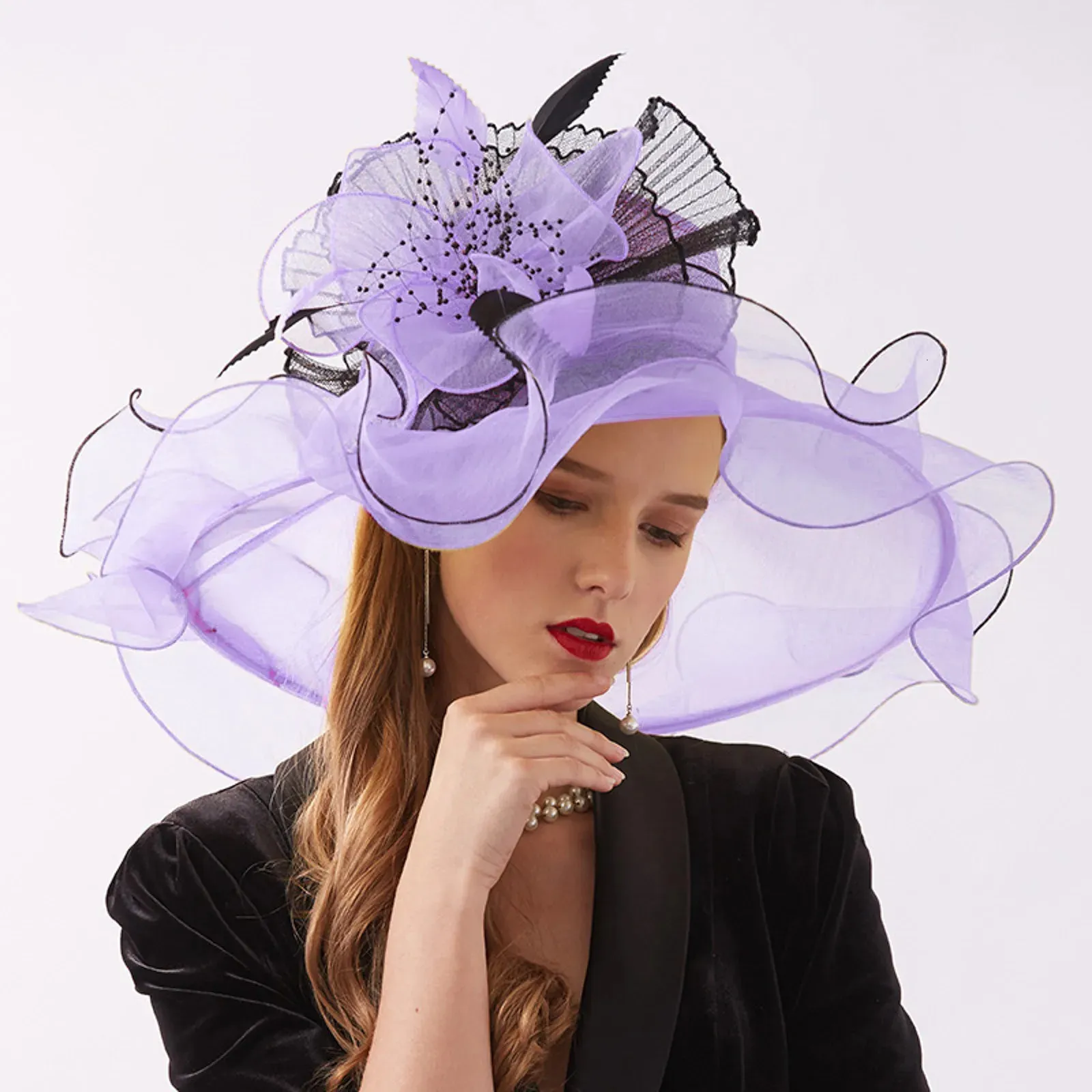 Organza Fedora Hat with Floral Decoration Wide Brim Adjustable Sun Protection Elegant Floral Organza Sun Hat With Flowers For Women  main image 2