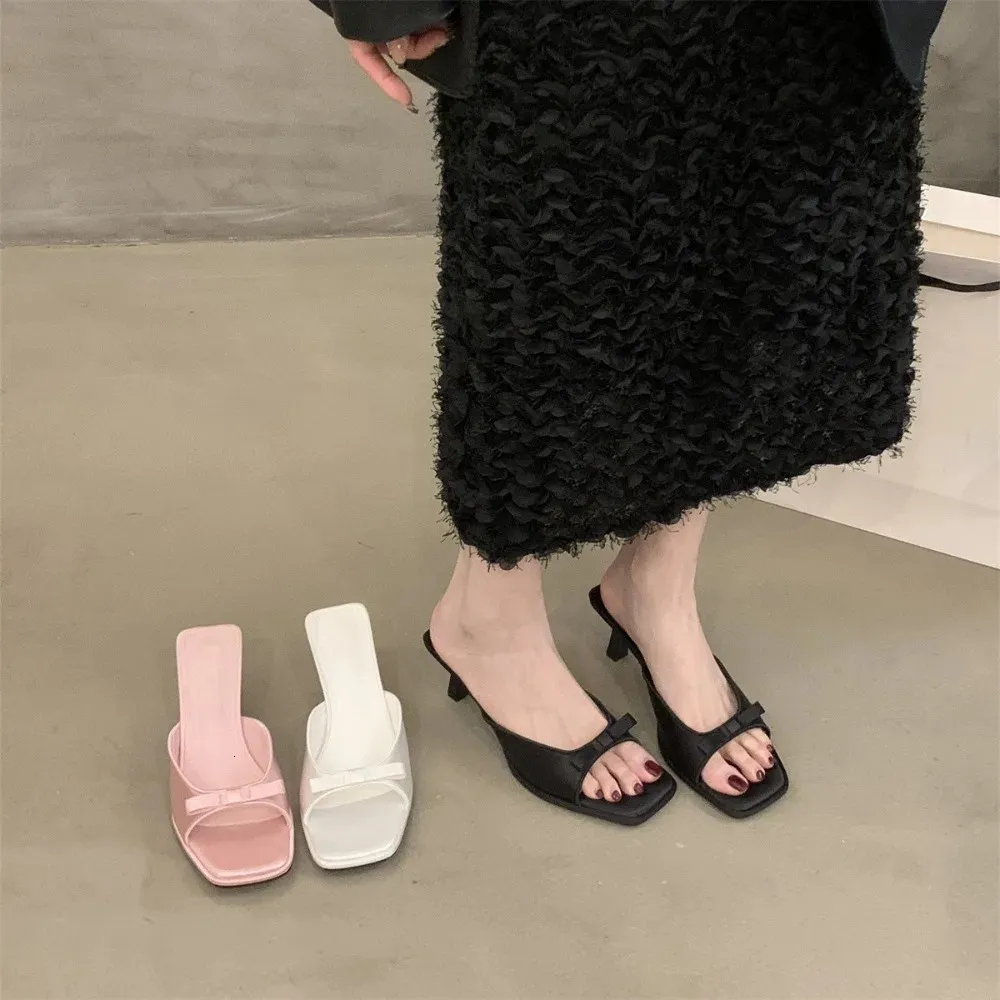Womens Slipper Mules Low High Heels Shoes Summer Street Look Females Square Head Open Toe Bow Strappy Sandals 250606_voghion.com