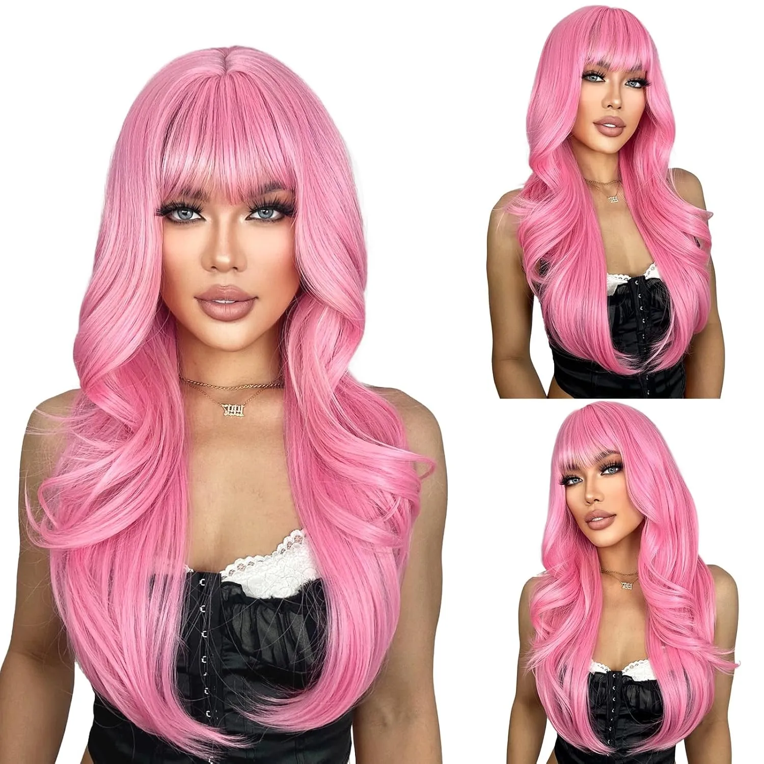 Layered Wig with Bangs for Women, 26 Inch Long Synthetic Hair, Glueless Straight Human Hair Wig With Bangs NO Lace Front Machine  main image 3