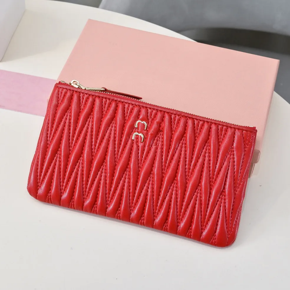 ✓ DHgate 추천 카드 홀더와 키체인이 있는 핑크 양가죽 동전 지갑 지갑, 주름 디자인 바로 구매