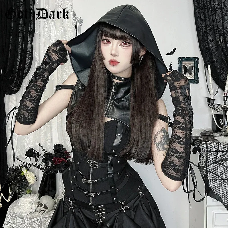 Goth Dark Punk Style Sleeveless Zip Hooded Crop Tops Women Cyber