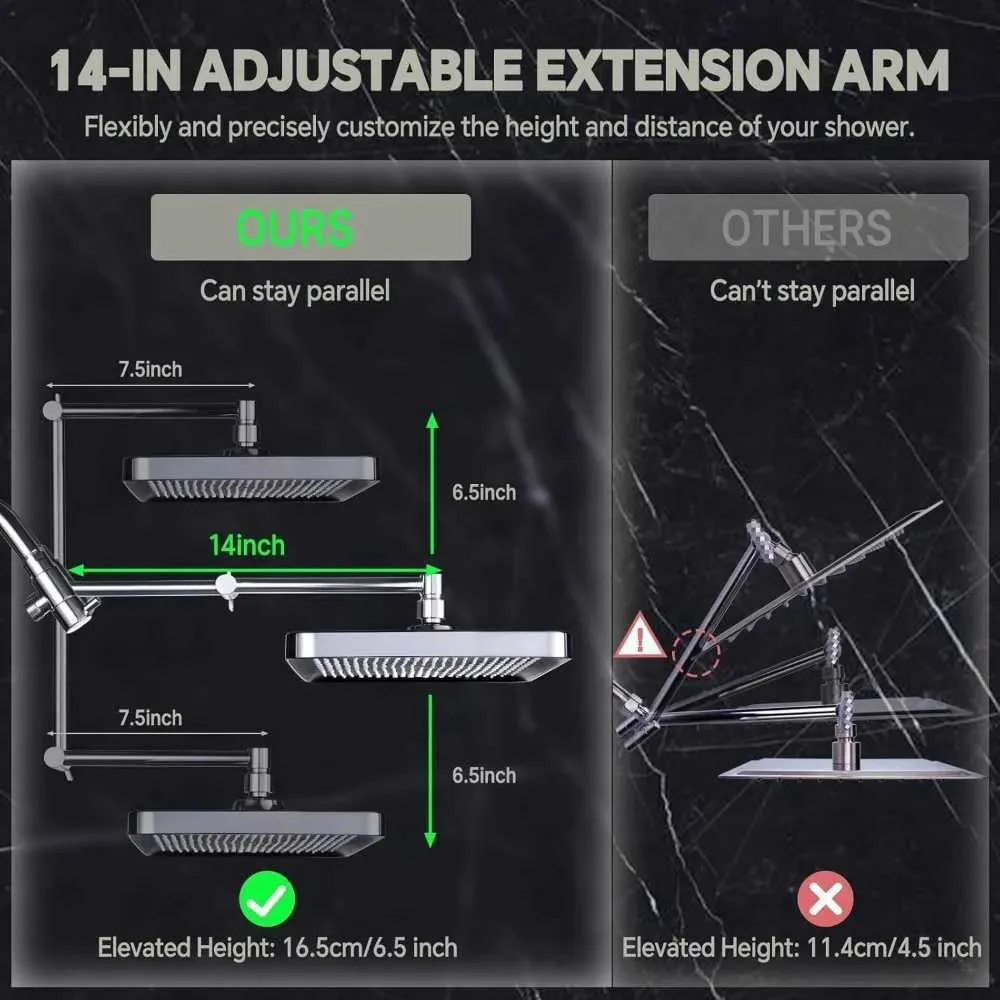 G-Promise Cabezal De Ducha Cuadrado Doble De Metal De 14 Pulgadas Con Combo De Rociador De Mano, Cabezal De Ducha De Lluvia, Brazo De Extensión Ajustable, Desviador De 3 Vías, Manguera