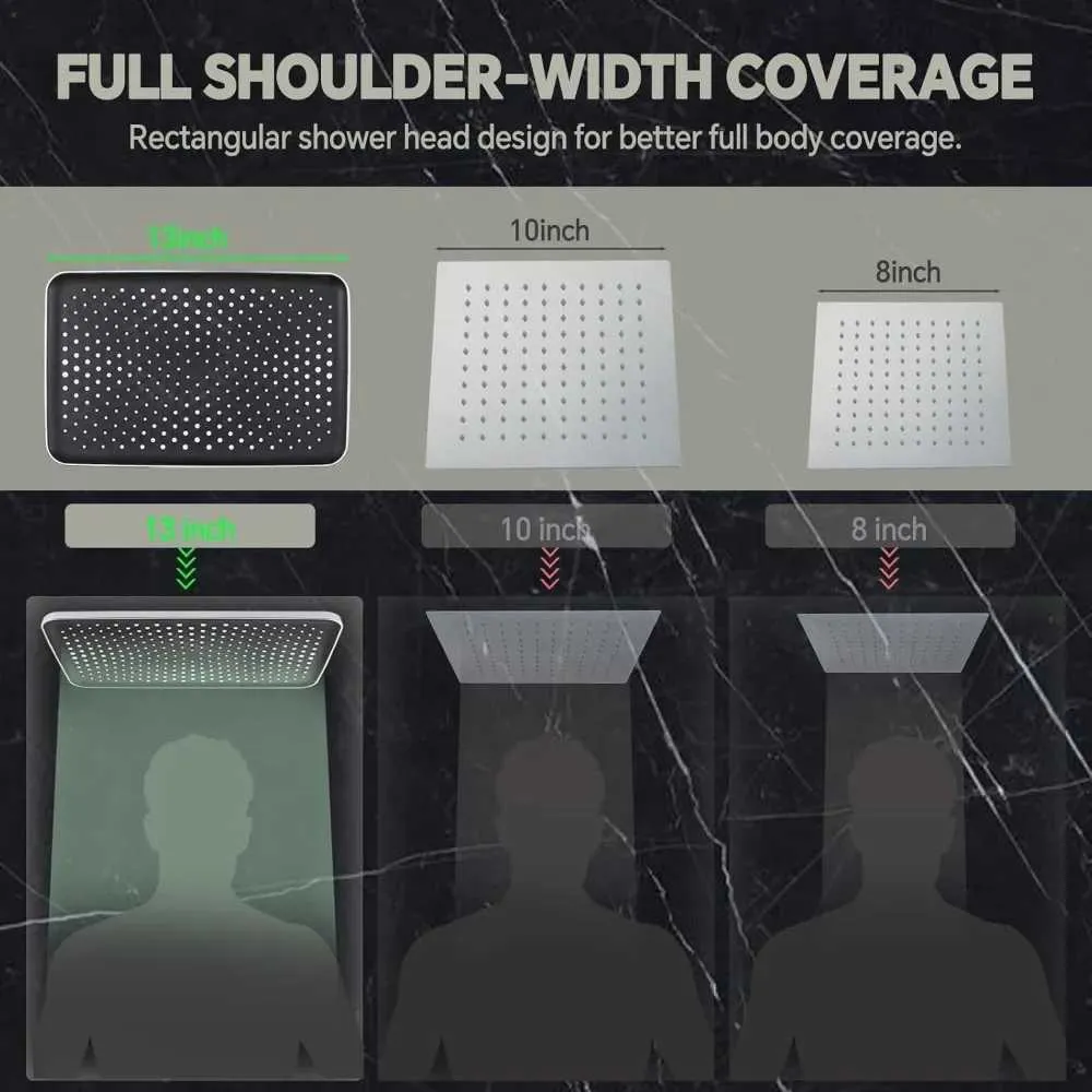 G-Promise Cabezal De Ducha Cuadrado Doble De Metal De 14 Pulgadas Con Combo De Rociador De Mano, Cabezal De Ducha De Lluvia, Brazo De Extensión Ajustable, Desviador De 3 Vías, Manguera