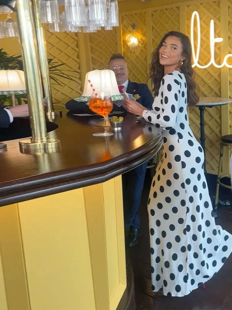 Contrast Color Dresses Women Polka Dot Long Flare Sleeve O Neck