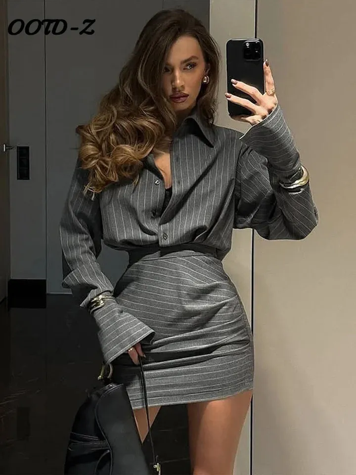 Sexy Striped Mini Skirt Set Women Lapel Single Breasted Shirts Hip