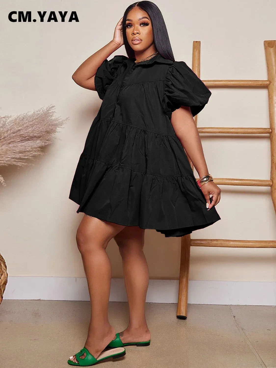 shirt dress loose puff sleeve Women's Button Down Casual Fit Midi Dress full vertical front button placket Elegant Women Puff Sleeve Babydoll