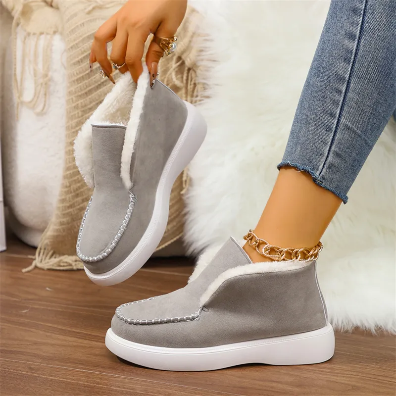 hot Free Shipping Designer Boots For Woman Cotton Shoes Winter New Thick Soled Plush Fashionable Vintage Black Grey_voghion.com