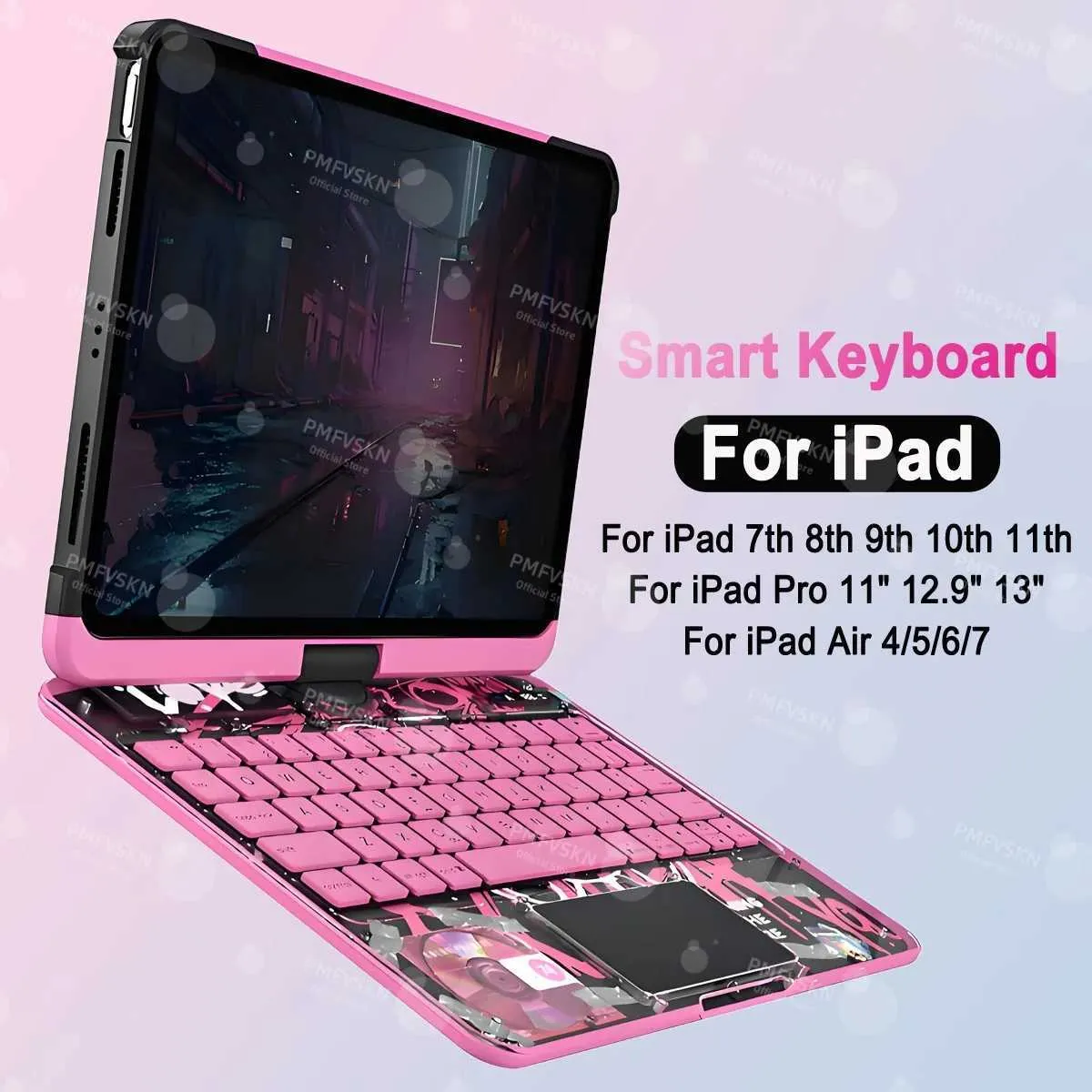 Clavier pour iPad 9ème Génération 2021 10.2 Pouces, 360° Touchpad Flip & éclairage Coloré à 7 Couleurs & Réveil/Veille Automatique, - Informatique