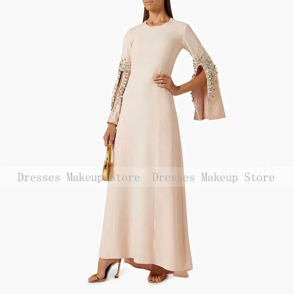 W250614 Champagne Beaded Wedding Guest Dress Long Sleeve O Neck A Line  Evening Gown For Women Ankle Length Formal Party Dress From Katcho, $48.55  | DHgate.Com