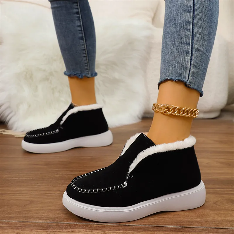 hot Free Shipping Designer Boots For Woman Cotton Shoes Winter New Thick Soled Plush Fashionable Vintage Black Grey_voghion.com