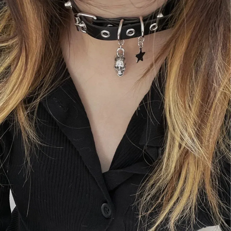 Collana in pelle con teschio e stella in stile punk gotico COS per donne e ragazze Y2K, girocollo nero, regalo per feste 250613_voghion.com