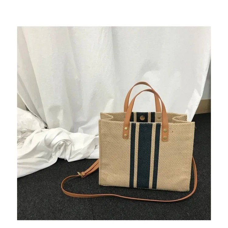 Trendy Bags: Women's Striped Canvas Briefcase Tote Bag With Shoulder Strap - Single Shoulder, Large Capacity,_voghion.com