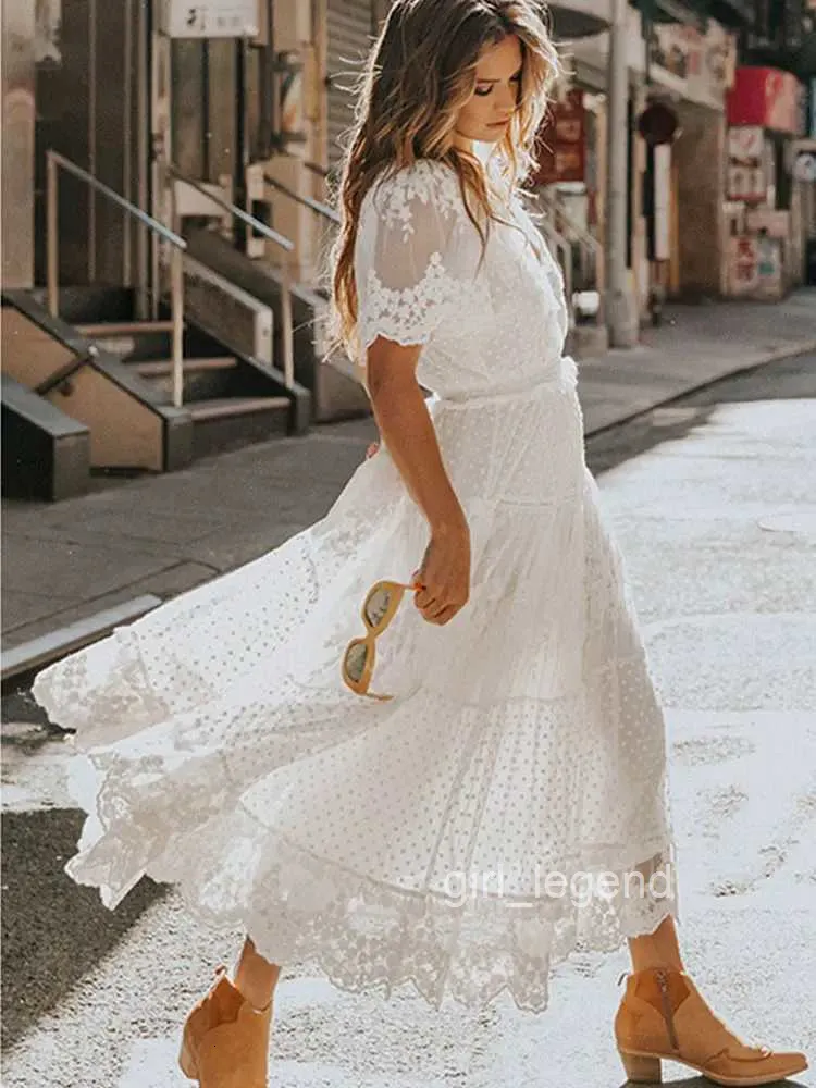 Women's White Lace Maxi Dress with V-Neck & Short Sleeves  Flowy  Semi-Sheer Dress for Summer Weddings & Parties