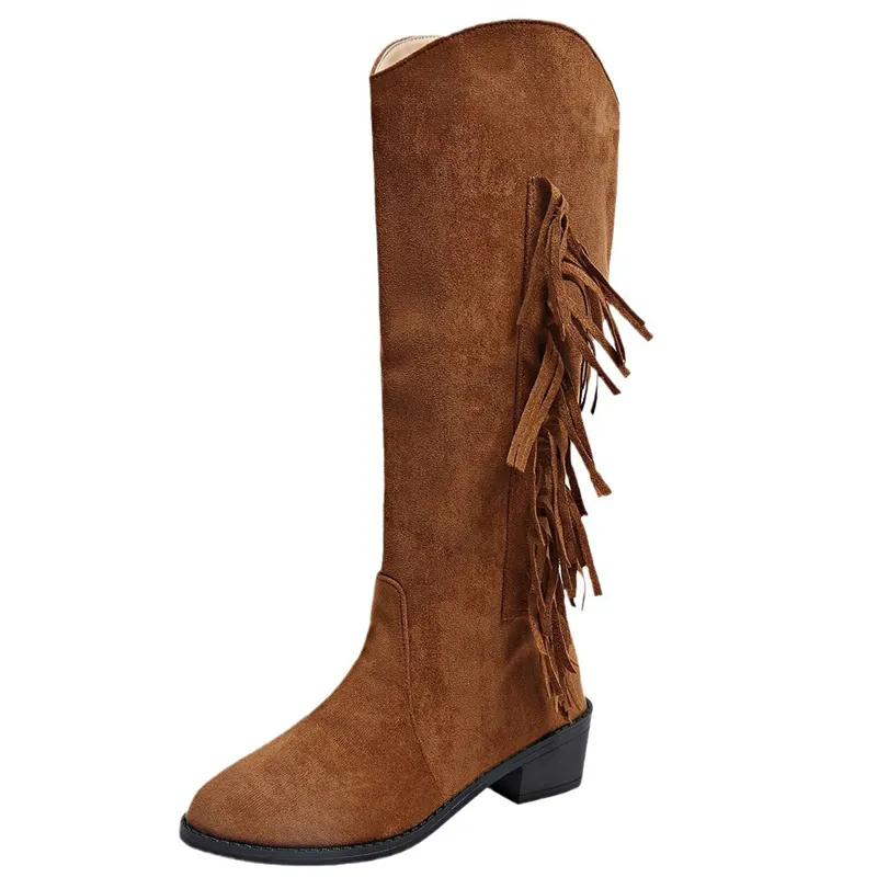 Botas de grife femininas com frete grátis, modelo clássico vintage simples e versátil com franjas._voghion.com