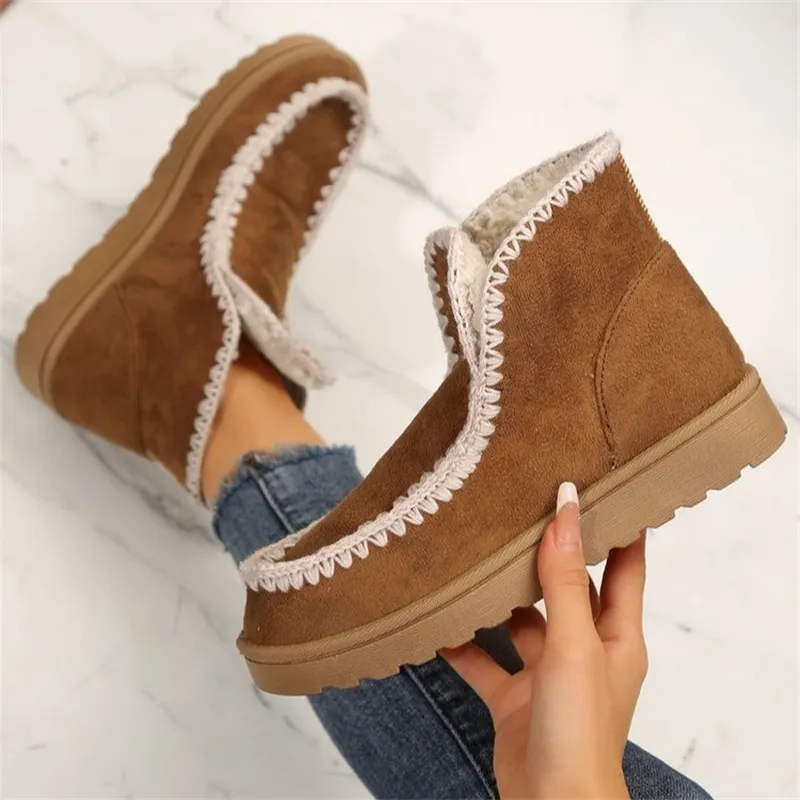 Gratis verzending Designer katoenen winterschoenen voor dames met dikke zool, pluche, effen kleur, modieuze vintage sneeuwlaarzen_voghion.com
