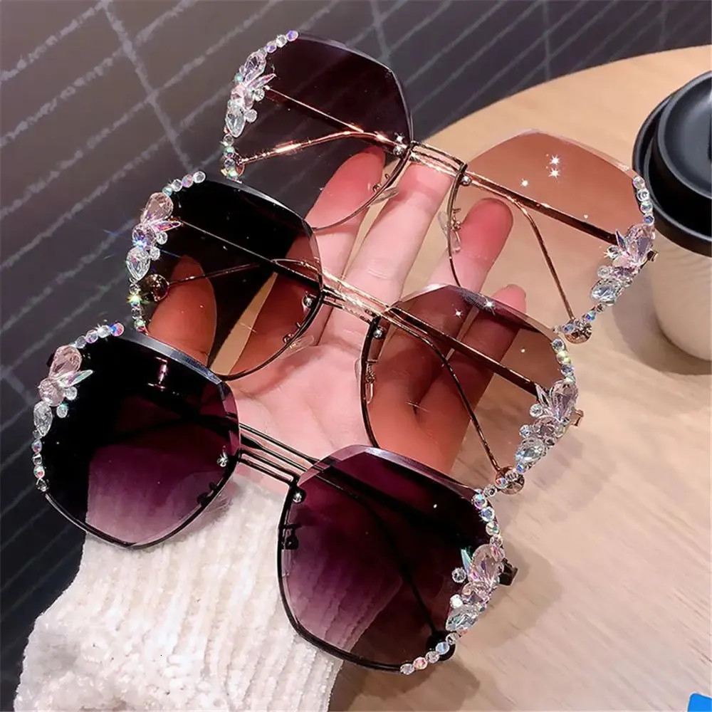 Rimless Rhinestone Sunglasses for Women Metal Polycarbonate UV Protection Womens Rimless Star Rhinestone Jewel Rectangle Wrap Fancy  main image 4