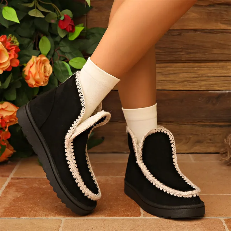 Gratis verzending Designer katoenen winterschoenen voor dames met dikke zool, pluche, effen kleur, modieuze vintage sneeuwlaarzen_voghion.com