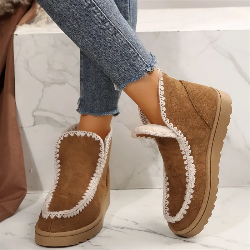 Gratis verzending Designer katoenen winterschoenen voor dames met dikke zool, pluche, effen kleur, modieuze vintage sneeuwlaarzen_voghion.com