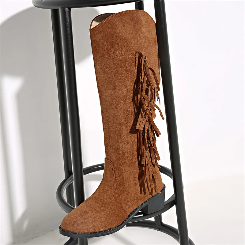 Botas de grife femininas com frete grátis, modelo clássico vintage simples e versátil com franjas._voghion.com
