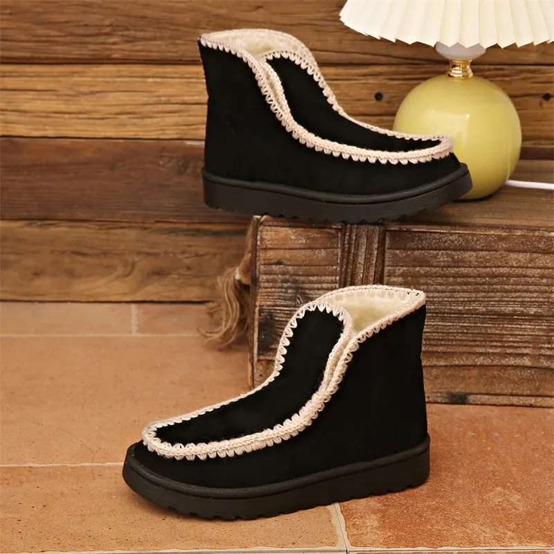 Gratis verzending Designer katoenen winterschoenen voor dames met dikke zool, pluche, effen kleur, modieuze vintage sneeuwlaarzen_voghion.com