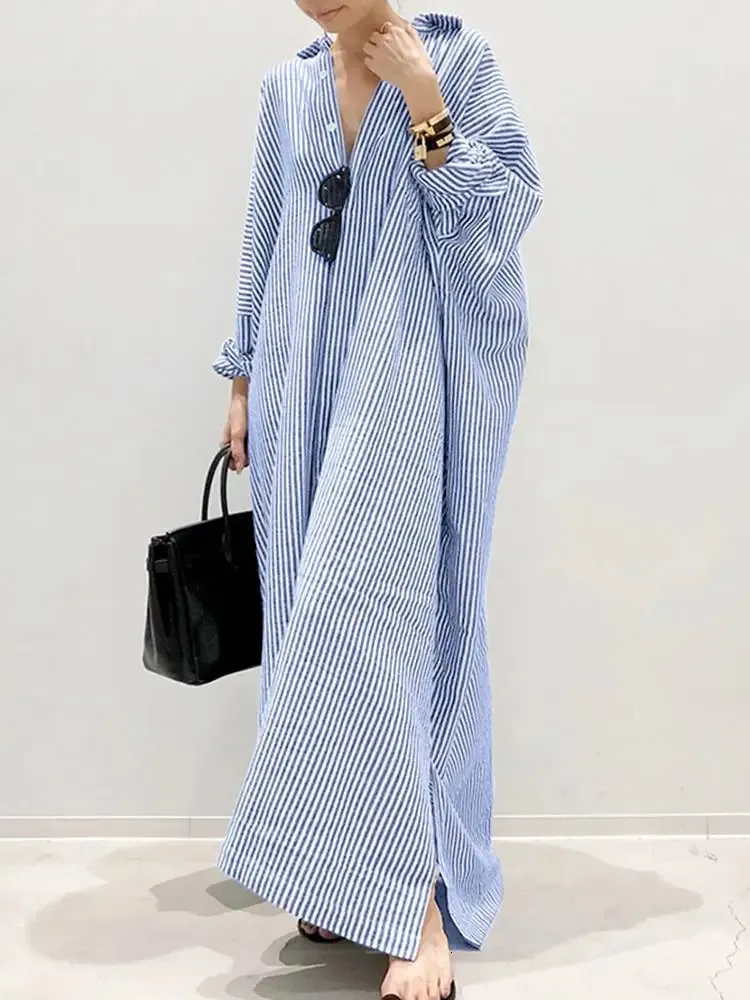 Save Big on Bulk Stripe Sundress ZANZEA Womens Bohemian Stripe Printed  Sundress Long Sleeve Lapel Casual Loose Dress For Spring And Fall Beach  Party | ...