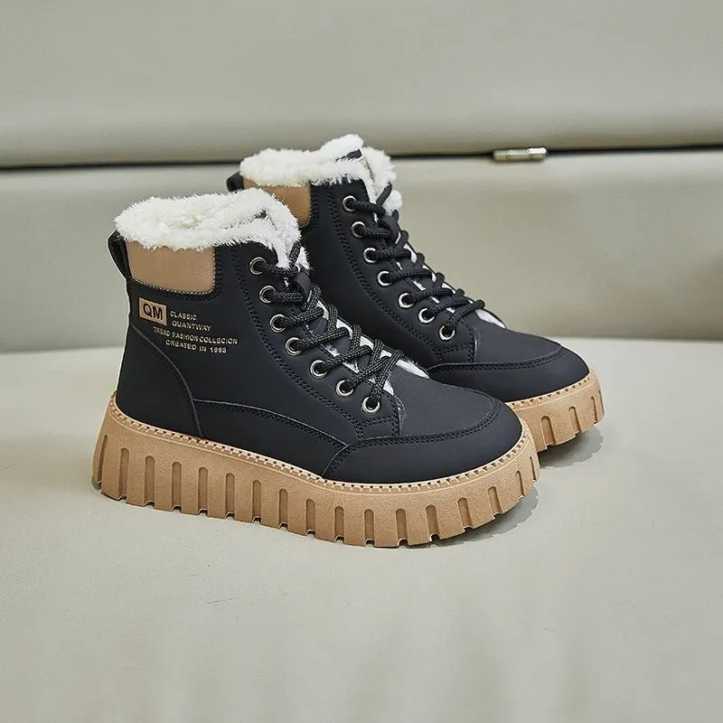 Nuevos zapatos de algodón de diseñador con envío gratuito para mujer, botas de moda cálidas con plataforma, botas de nieve informales de color caqui y negro._voghion.com