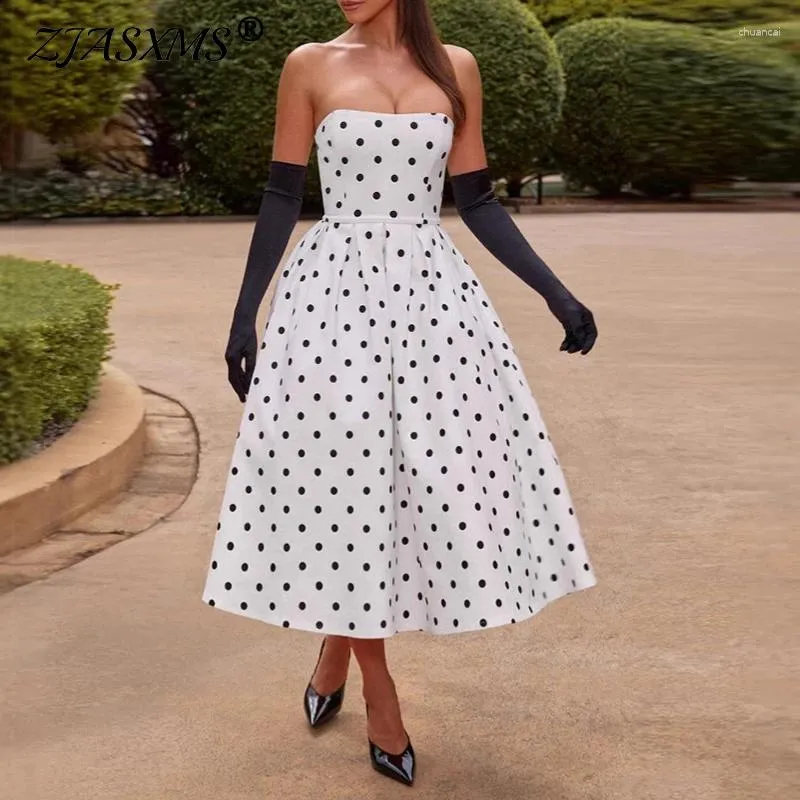 Casual Dresses Elegant Dots Print Loose Hem Sleeveless Dress Sexy Chest  Wrap Backless High Waist Women Summer Hollow A-Line Party